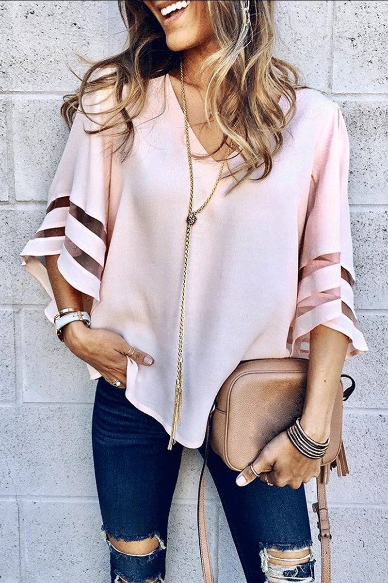 Bell Sleeve Mesh Panel Blouse
